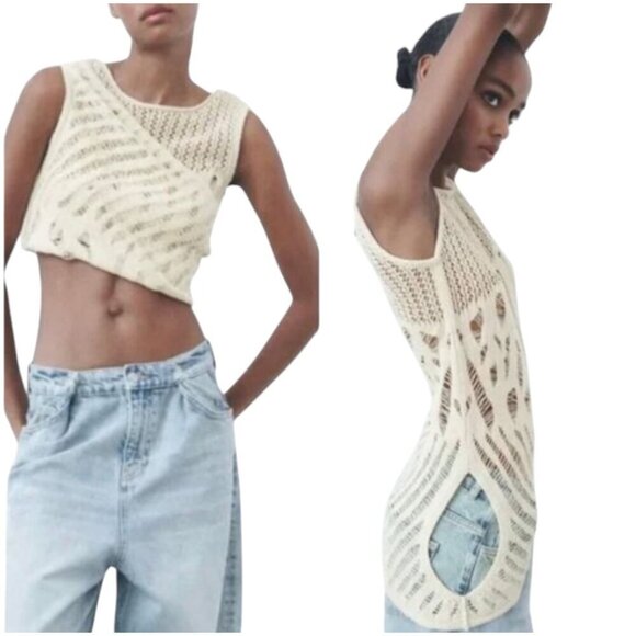 Zara Knitted Side Cutout Crochet Sweater Tank Top Sleeveless Cream Ivory M NWT - Picture 1 of 16